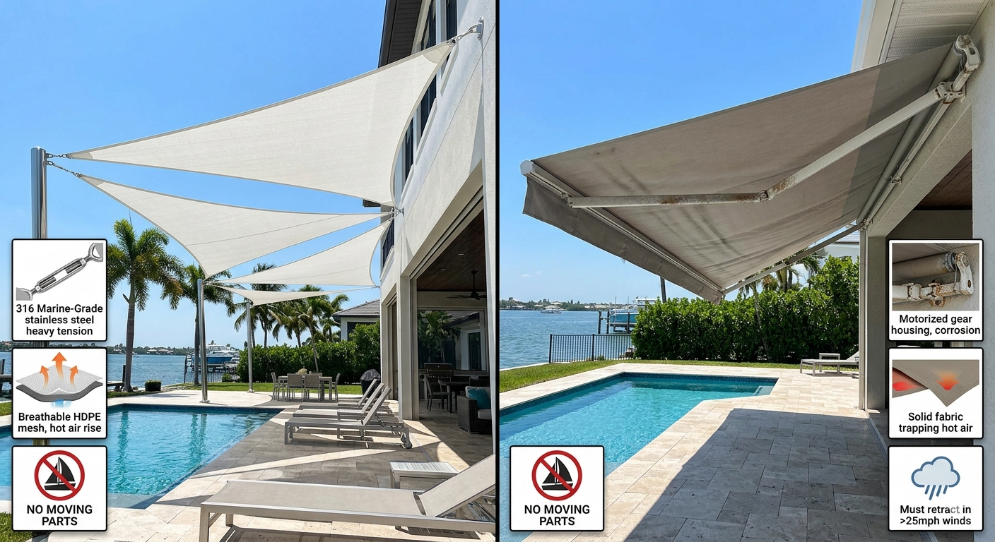 Fixed Shade Sails vs. Retractable Awnings: Why Tensioned Fabric Wins